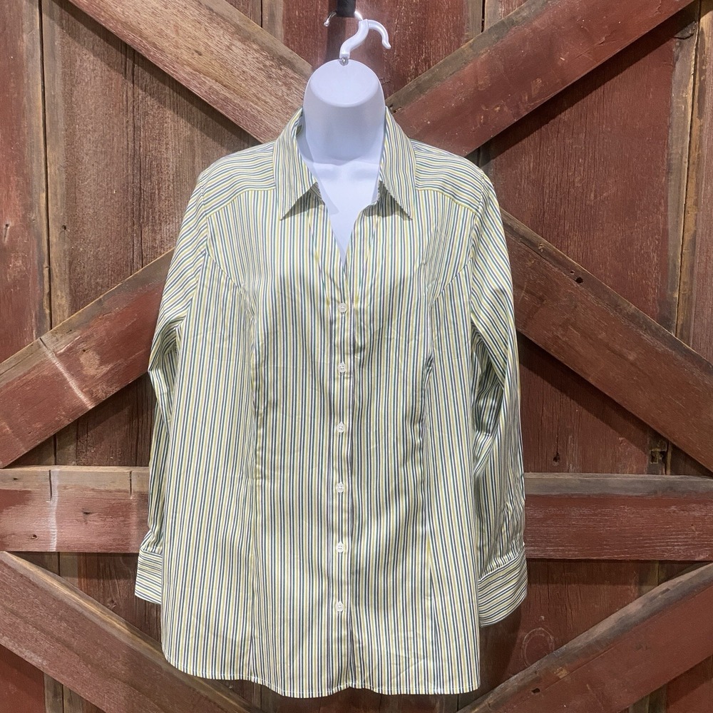 Lane Bryant Button Up Career Blouse Sz 18 Green Stripe 3/4 Sleeve Stretch Casual
